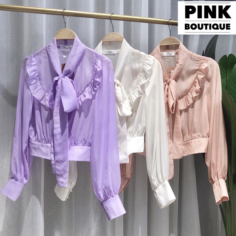 Áo Sơ Mi Croptop Cổ Nơ Dài Nữ Thiết Kế PINKBOUTIQUE