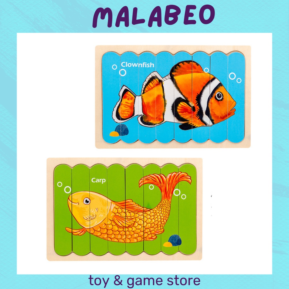 Tranh ghép gỗ nối 8 thanh gỗ 2 mặt chủ đề động vật, đồ chơi xếp hình kích thích khả năng ghi nhớ MALABEO KIDS