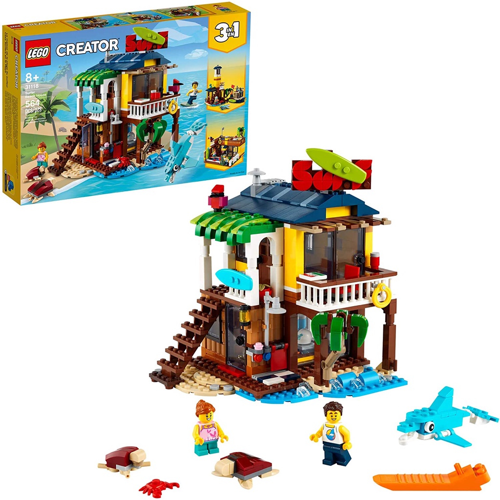 LEGO Creator 3in1 Surfer Beach House 31118 Building Kit Featuring Beach Hut and Animal Toys, Nhà lướt sóng bãi biển