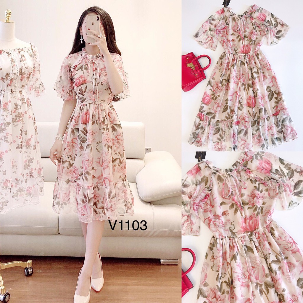 [ xả kho ] MiD Đầm hoa tay dơi V1103 Mie Design ảnh thật