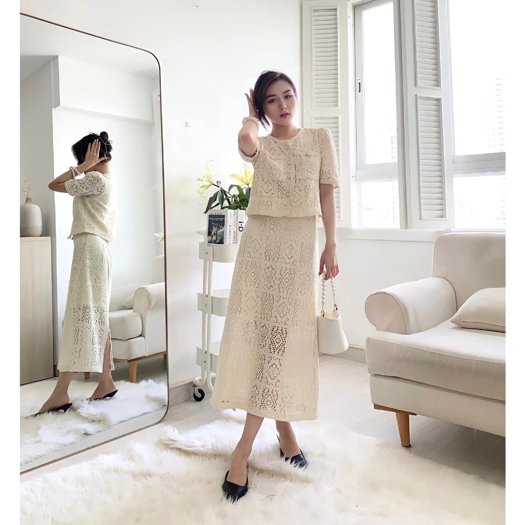 Set áo kiểu nữ sơ mi Linly Store kèm chân váy chất ren