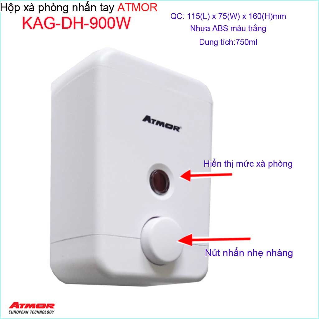 Hộp nhấn xà phòng Atmor KAG-DH900W-white trắng, bình xịt xà bông 750ml tiện dụng nhấn êm siêu bền