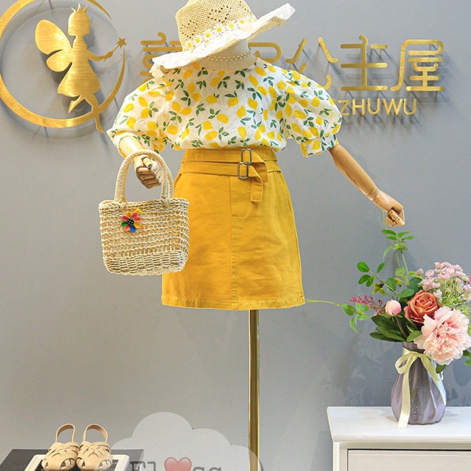 Váy đầm bé gái - Sét chân váy kaki chanh vàng và áo quả chanh sang chảnh cho bé 1-5T (8-19kg) BBG5