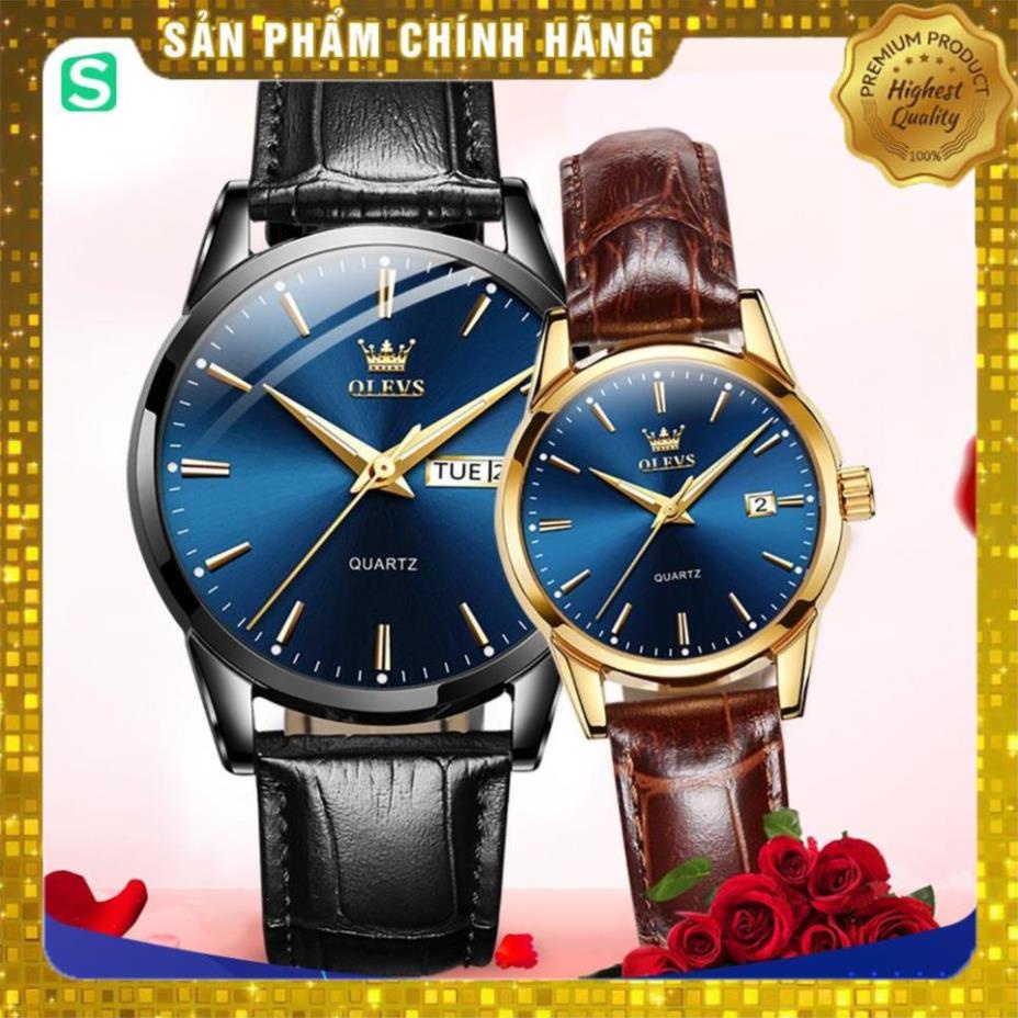 Đồng hồ đôi Olevs Nhật Bản,chống vô nước,dây da cao cấp,dạ quang,thạch anh,mặt tròn