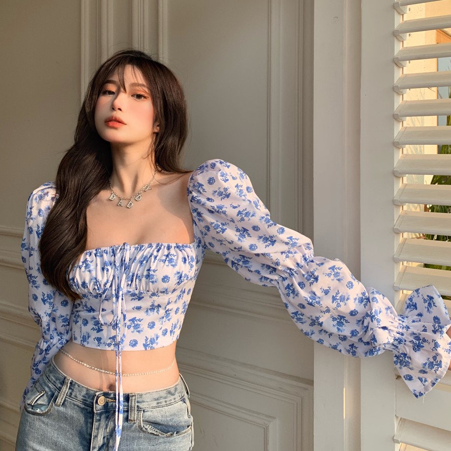ÁO CROP-TOP HOA CỔ VUÔNG NỮ TAY PHỒNG ULZZANG SIÊU HOT