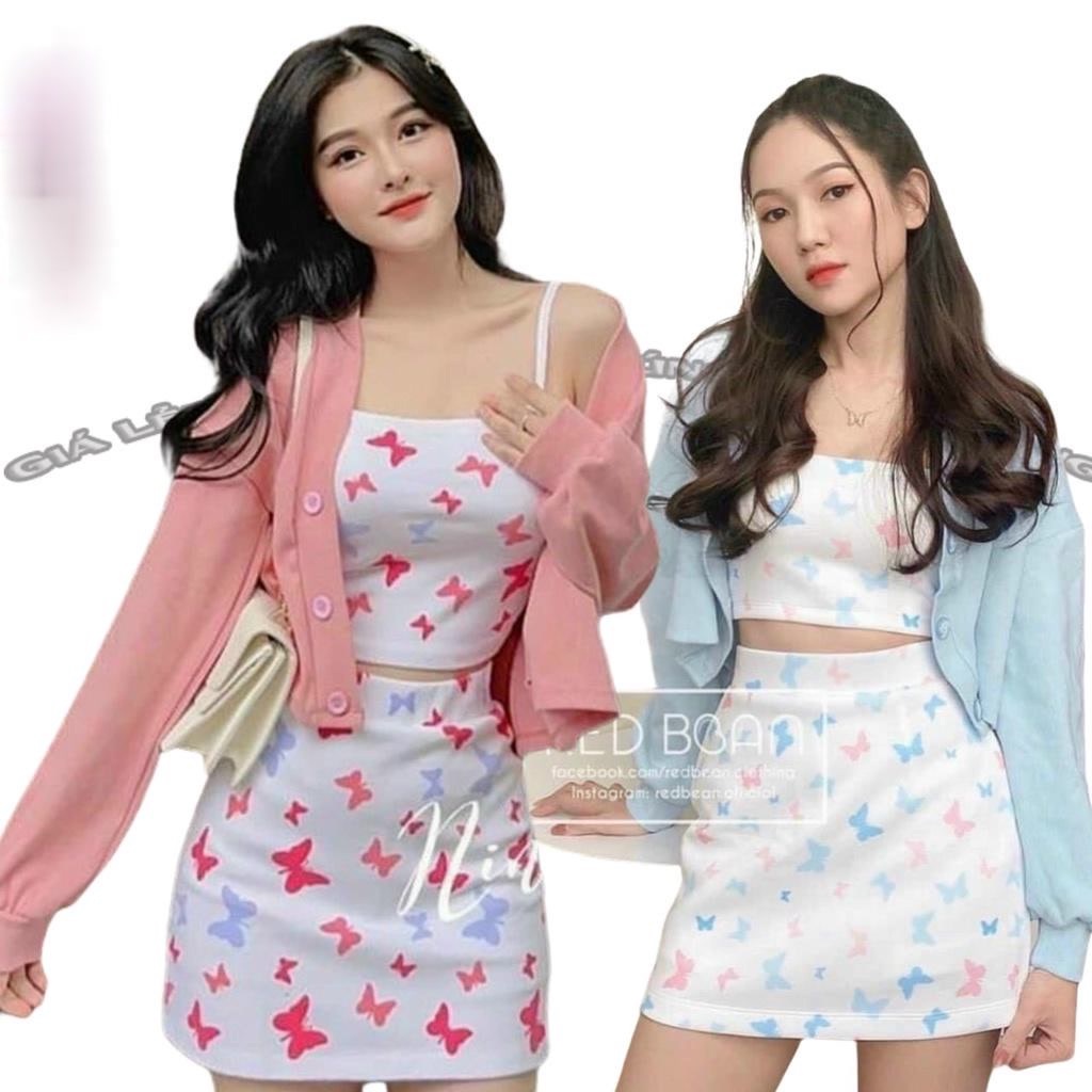 Set đồ nữ bộ 3 món áo 2 dây coptop + váy ngắn kèm áo khoác ngoài tay dài in bướm