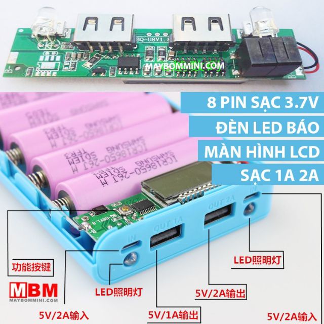 Box sạc dự phòng  8 cell pin 18650 mạch sạc nhanh màn hình LCD chọn màu inbox shop