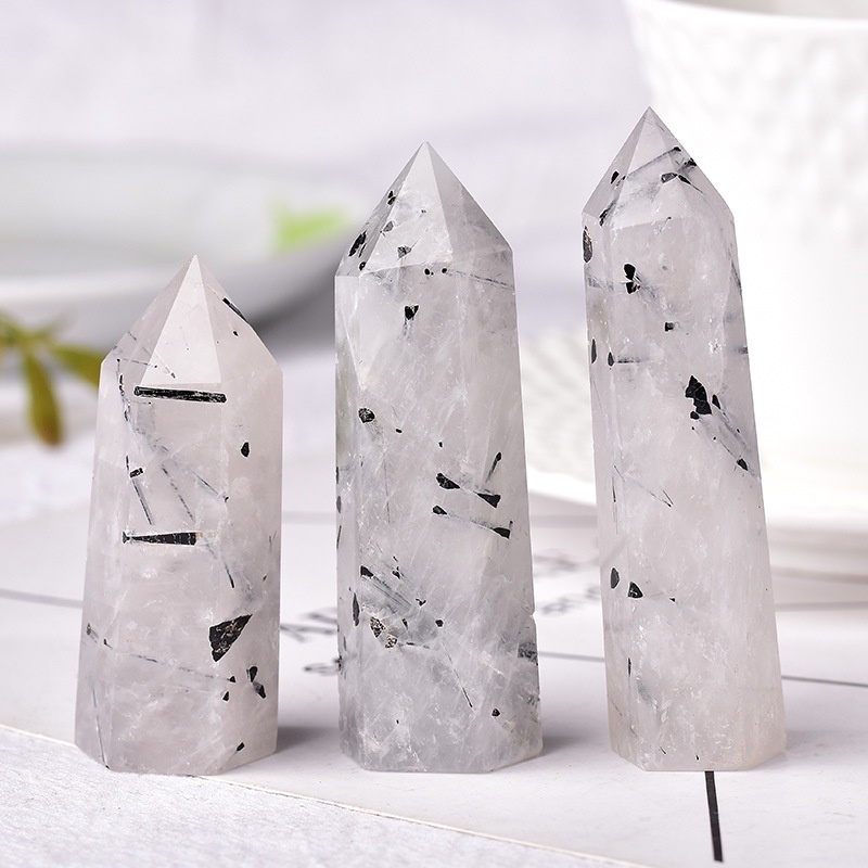 Trụ đá Black Tourmaline Quartz trắng tóc đen dùng trong thiền định và thanh tẩy (4-5cm)