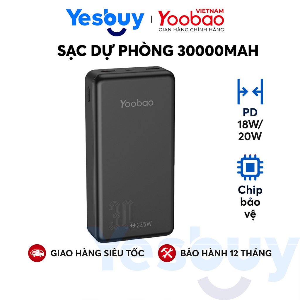 Pin Sạc Dự Phòng YOOBAO D30Q Dung Lượng khủng 30000mAh - Sạc Nhanh 22.5W Phù Hợp Với Máy Tính Bảng, Điện Thoại