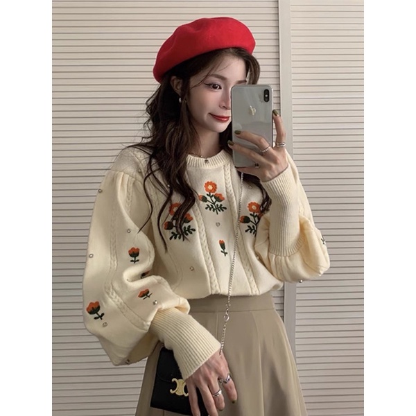 Áo len tay bồng thêu hoa siêu xinh