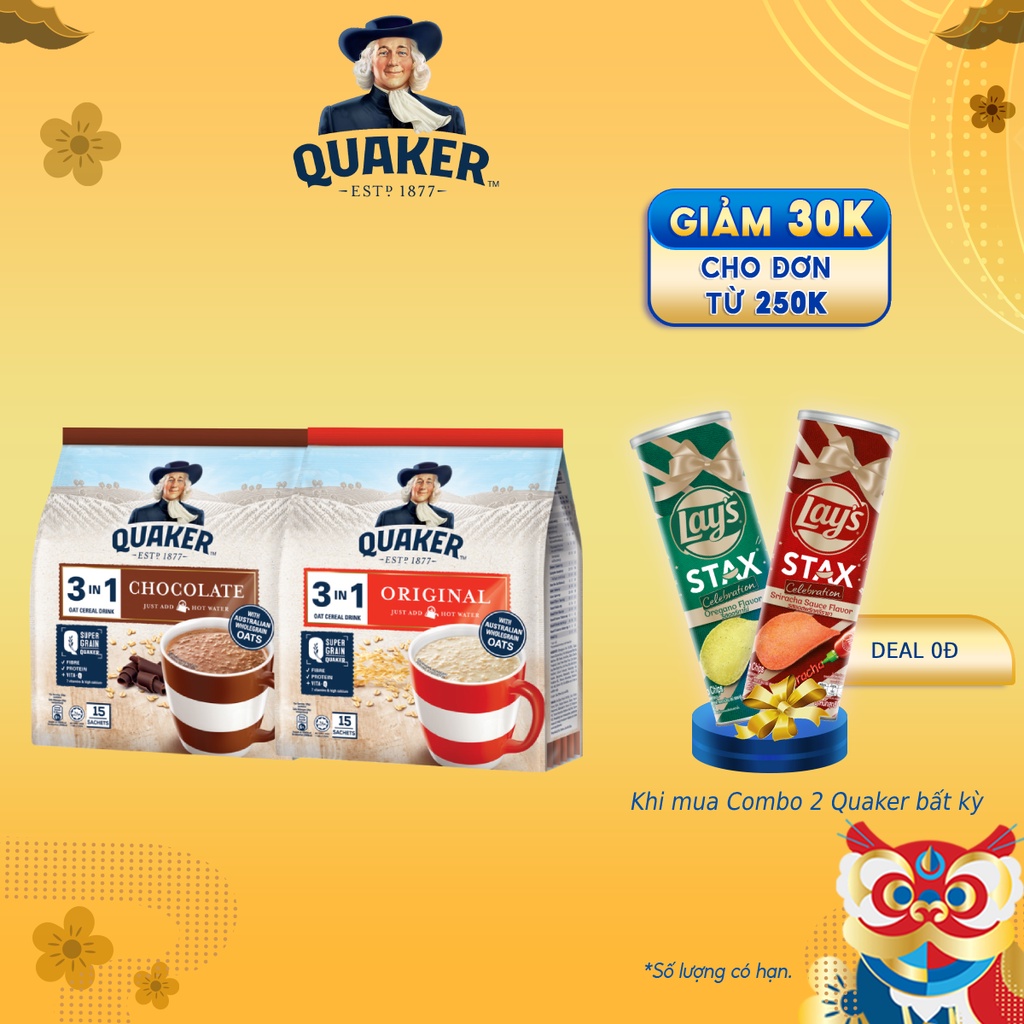 [Mã GRO1APR giảm 20K đơn 150K] Combo 2 Túi Thức uống yến mạch Quaker 3in1 Vị Chocolate &amp; vị Truyền thống 420g/túi