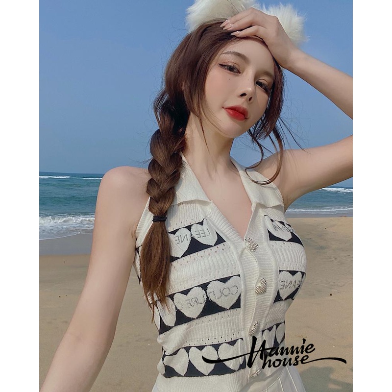 Áo dệt kim nữ sát nách cổ bẻ tiết trái tim gợi cảm thời trang