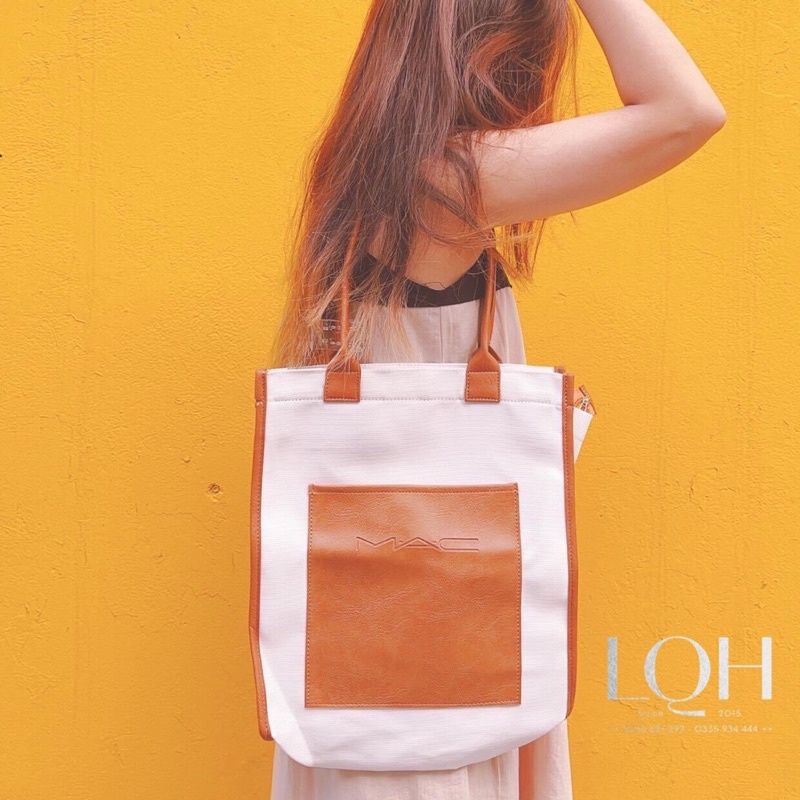 [ Gift Hãng ] Túi Đeo Vai M.Â.C Tote Bag Trắng Phối Da Nâu