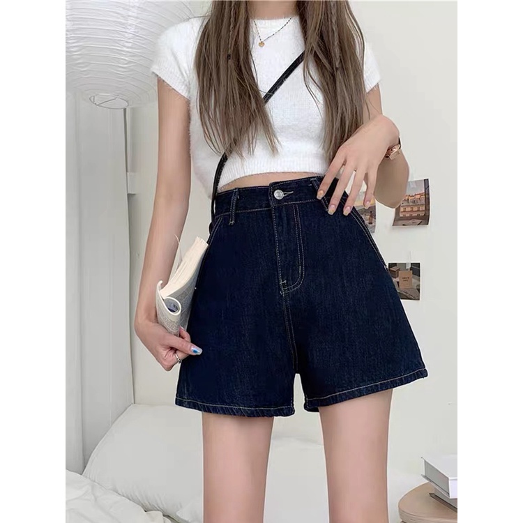 Quần short Bigsize nữ vải jeans co dãn mạnh, màu xanh đậm, lưng cao 4322