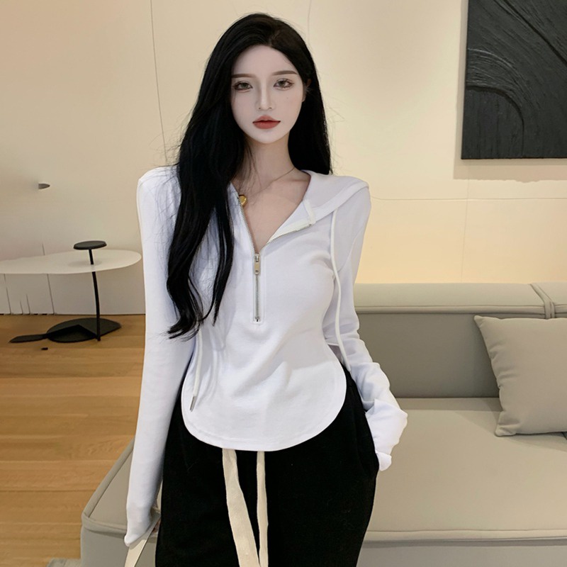 Áo thun tay dài có mũ trùm đầu / khóa kéo màu trơn thiết kế vạt không đều phong cách Hàn Quốc thường ngày dành cho nữ