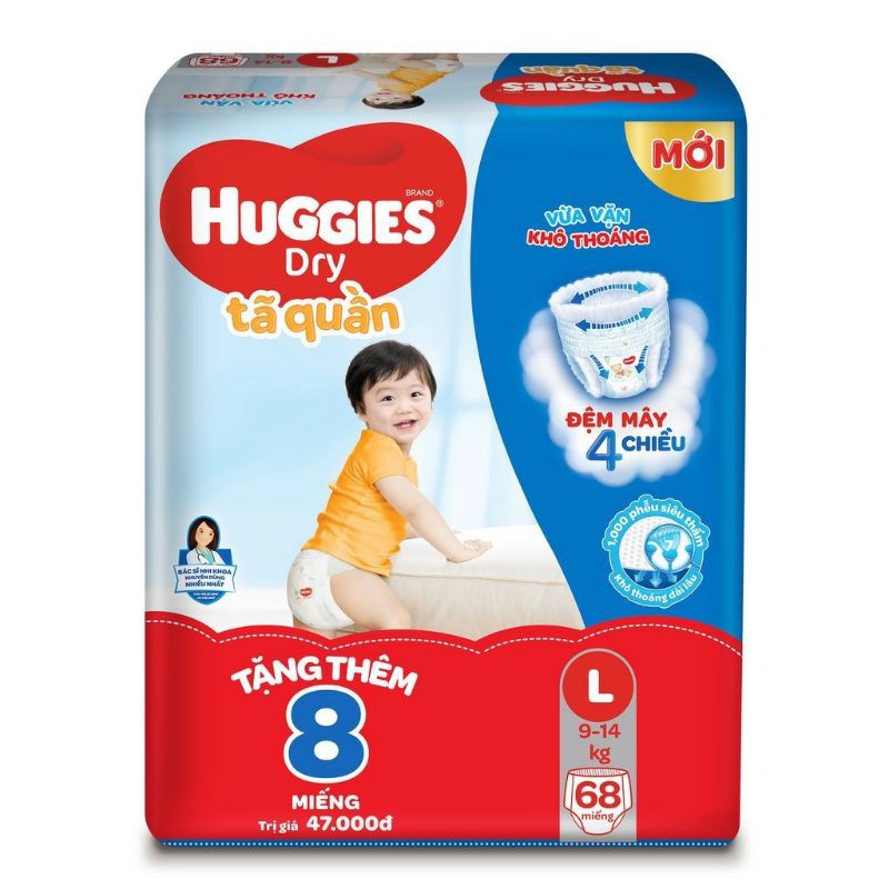 (CÓ LOAI TẶNG 8 MIẾNG) BỈM HUGGIES TÃ QUẦN L68