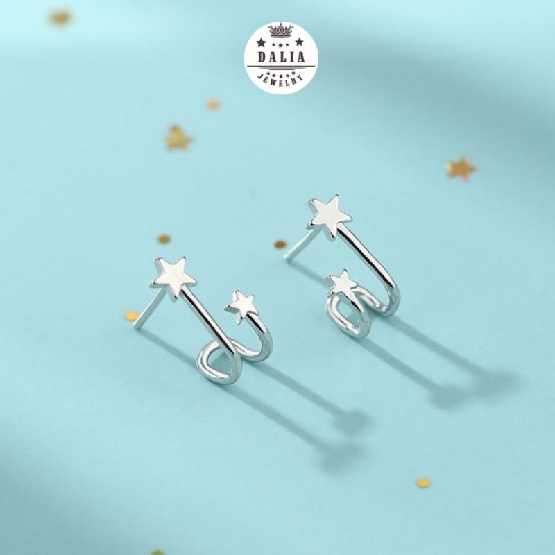 Bông tai bạc nữ thật hình ngôi sao đôi rơi ngược gió DaLiA Jewelry khuyên tai bạc chuẩn 925
