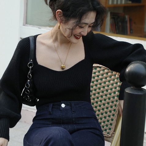 Áo sweater ZHELIHANGFEI dệt kim cổ vuông tay phồng kiểu retro dễ phối đồ
