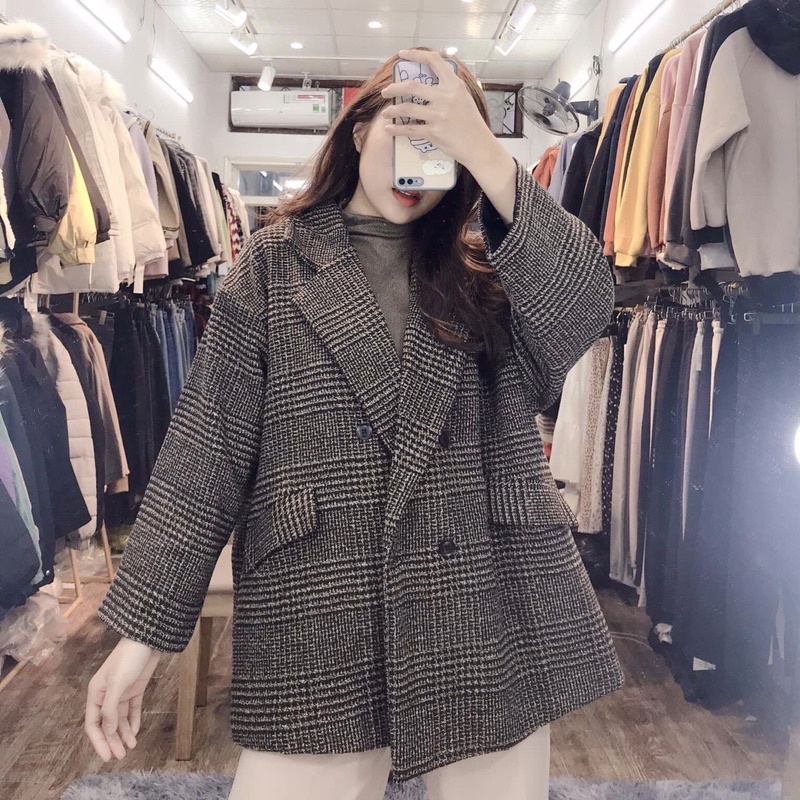 Áo dạ kẻ nâu dày form rộng dáng Hàn hai lớp