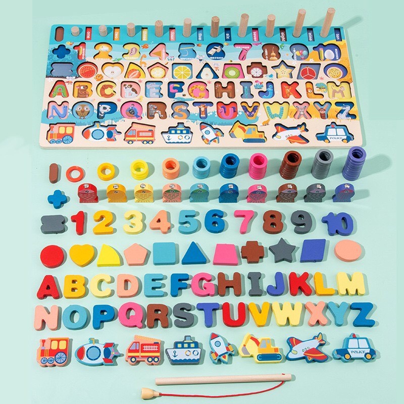 Bộ đồ chơi câu cá bảng chữ cái và ghép số học chữ số cho bé, bộ bảng số và chữ thông minh bằng gỗ
