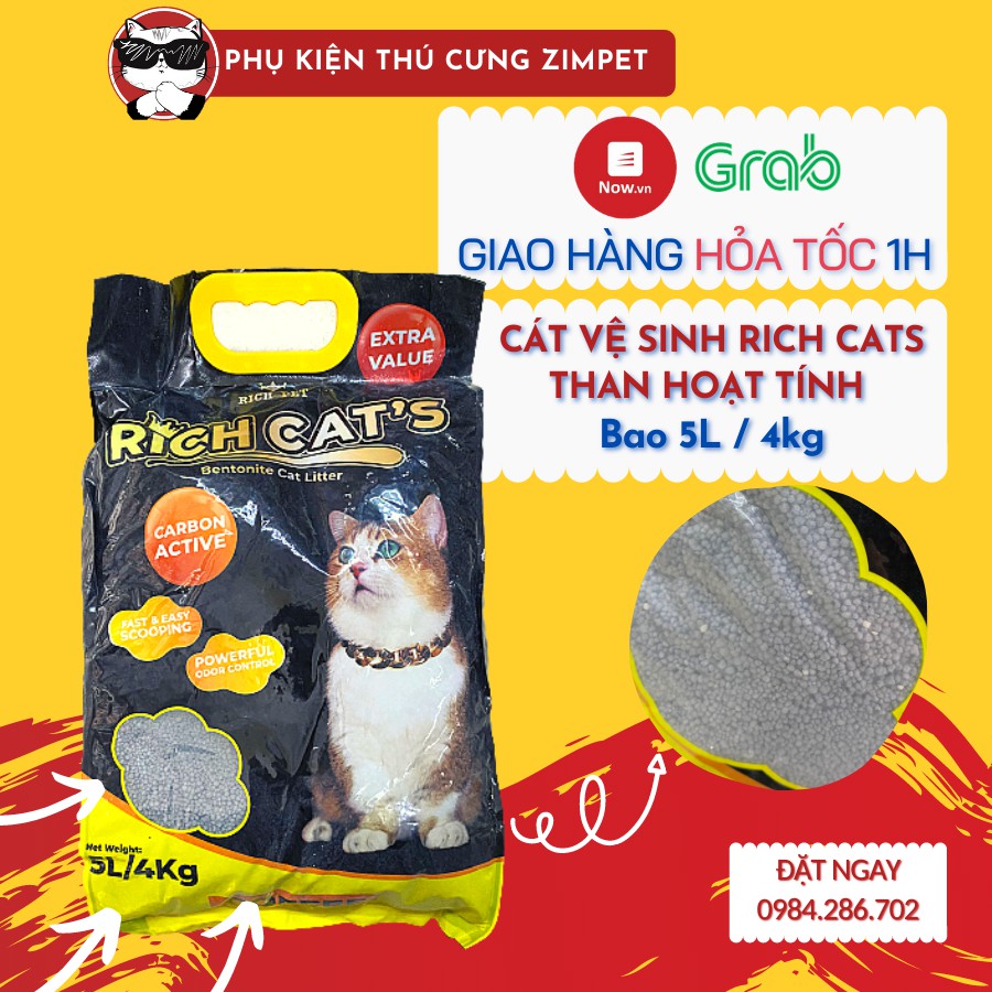 Cát vệ sinh cho mèo than hoạt tính siêu khử mùi Rich Cats - bao 10L 8kg - Cát vệ sinh khử mùi tốt cho mèo - Zimpet