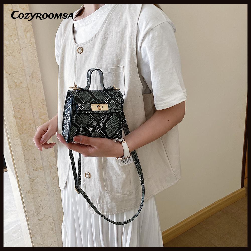 Retro Women Snake Pattern Mini Square Top-handle Handbag Flap Shoulder Bag