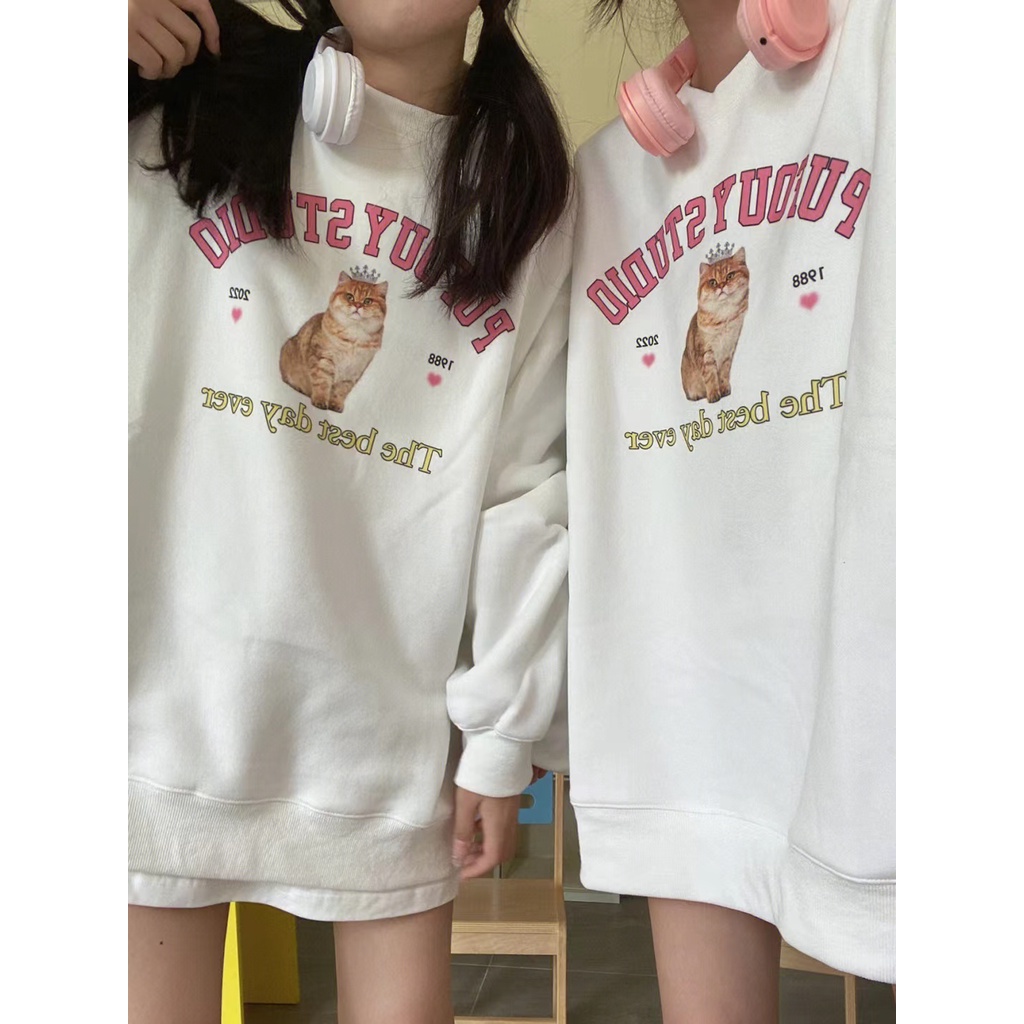 Áo Sweater Cổ Tròn Dáng Rộng In Hình Mèo Đội Vương Miện Dễ Thương Kiểu Mỹ