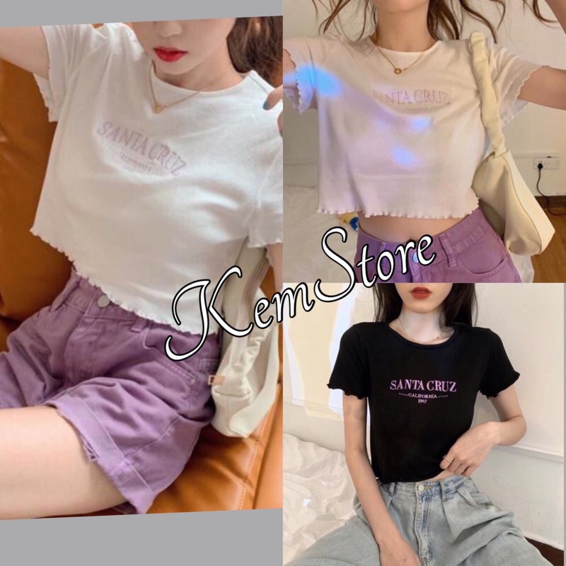 Áo Croptop Nữ Santa Cruz Viền Bèo, 🌺 KemStore<FREESHIP> 🌺, Áo Ngắn Nữ Chữ Thêu, Ao Croptop Cộc Tay 2