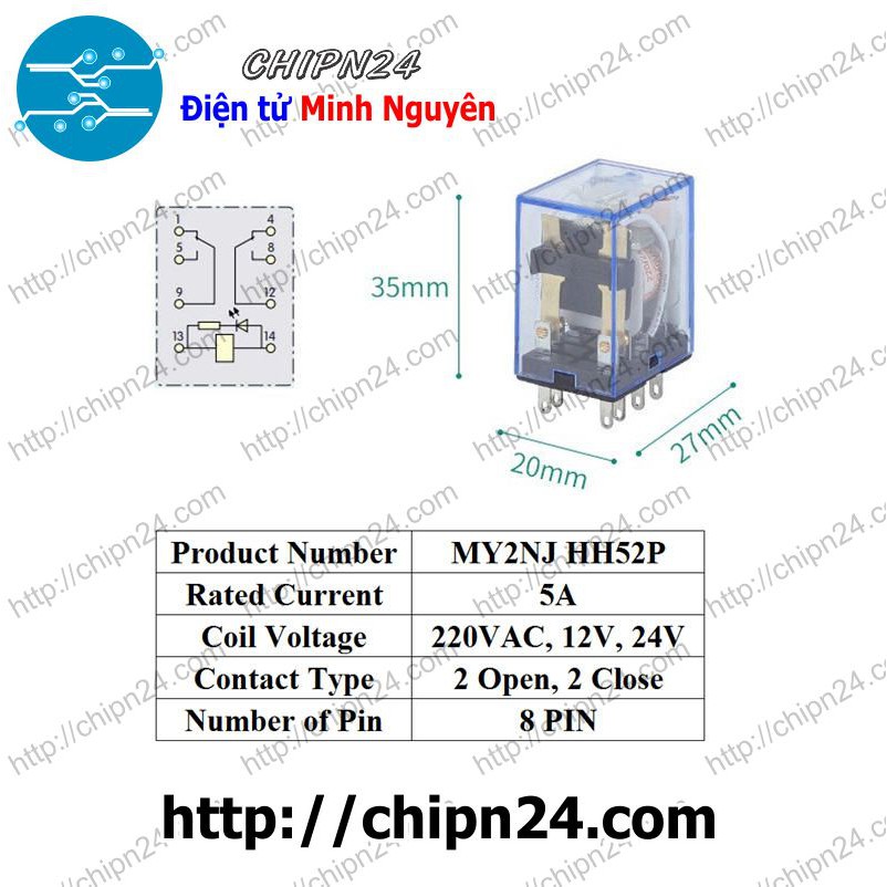 [1 CON] Relay Kiếng MY2NJ 8 chân 5A 110VAC (MY2N MY2N-J HH52P)