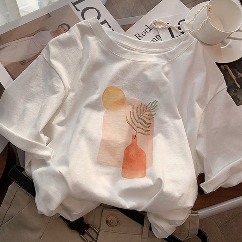 Áo thun HIIXIIVI 100% cotton tay ngắn cổ tròn in hình thời trang mùa hè phong cách Hàn Quốc cho nữ 2022