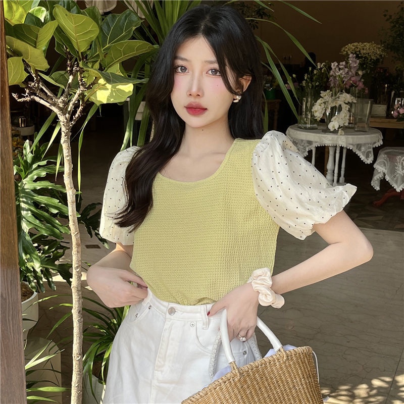 Áo Thun Tay Ngắn Cổ Tròn Họa Tiết Chấm Bi Thời Trang Dành Cho Nữ