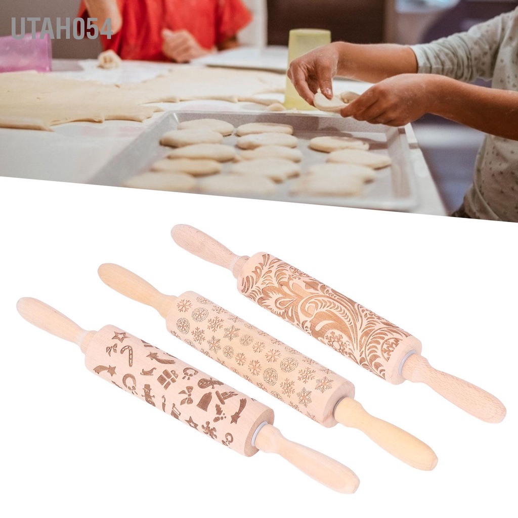 Utah054 Cán ghim bằng gỗ Hoa văn độc đáo Bột lăn Dụng cụ nhà bếp cho bánh ngọt Bánh pizza quy nướng