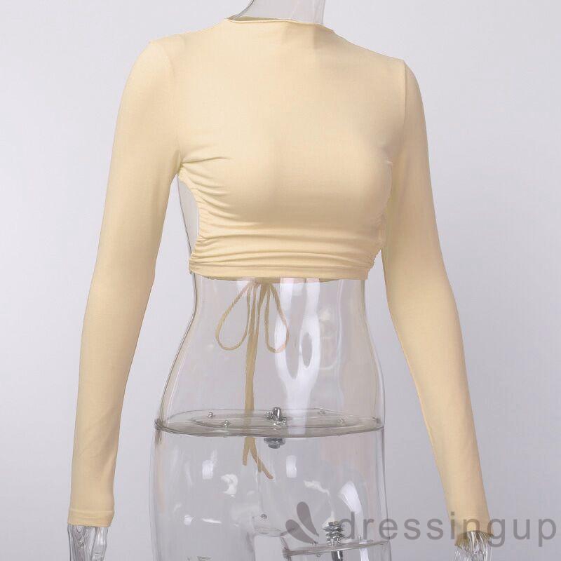 DRESSINGUP - Áo Croptop Tay Dài Phối Lưới Xuyên Thấu Thiết Kế Hở Lưng Quyến Rũ