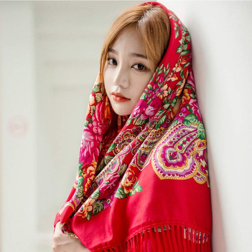 Khăn choàng cổ hình vuông bằng cotton phối tua rua phong cách Nga cổ điển thời trang dành cho nữ
