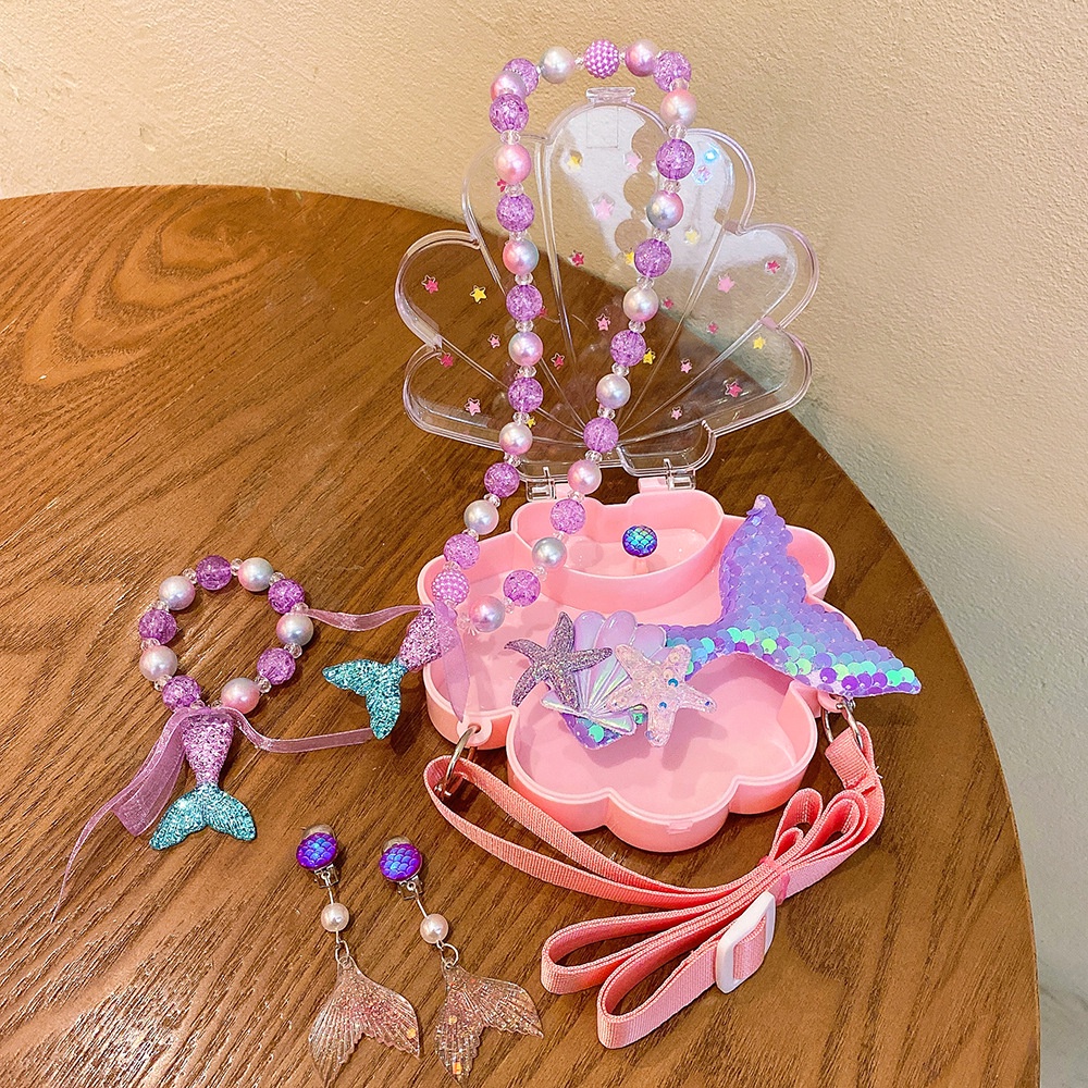 Hộp Quà Tặng Trang Sức Gồm Vòng cổ / Kẹp Tóc Mặt Hình Nàng Tiên Cá Hoạt Hình Dễ Thương Cho Bé Gái