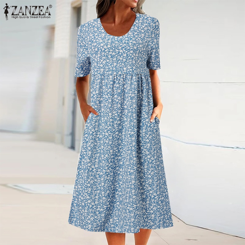 Đầm babydoll Zanzea họa tiết hoa có túi phong cách Châu Âu cho nữ