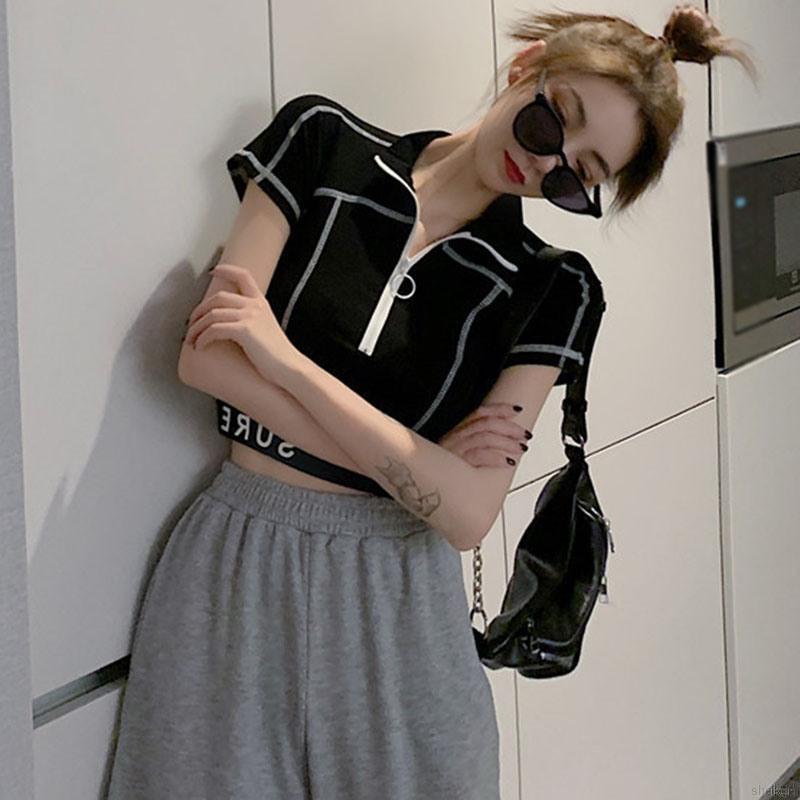 Áo Croptop Tay Ngắn Phối Khoá Kéo Phong Cách Hàn Quốc