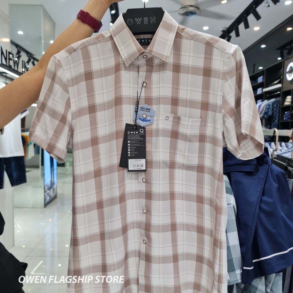 Áo sơ mi nam ngắn tay OWEN BA220118NT somi công sở vải nano cao cấp màu caro lớn nâu trắng dáng suông tà bằng có túi