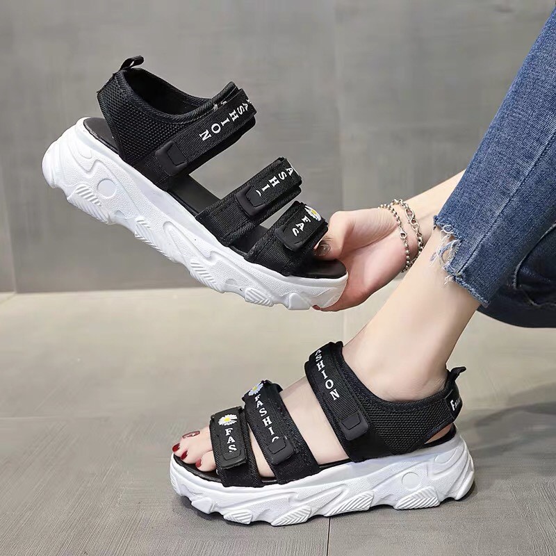 NBFS LDO (VIDEO) Sandal nữ 3 quai dán vải in hoa cúc chữ đế FULL trắng 12 15