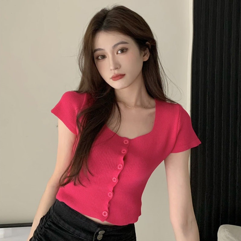 Áo Len Tay Ngắn Cổ Vuông Màu Sắc Ngọt Ngào Thời Trang Mùa Hè Cho Nữ