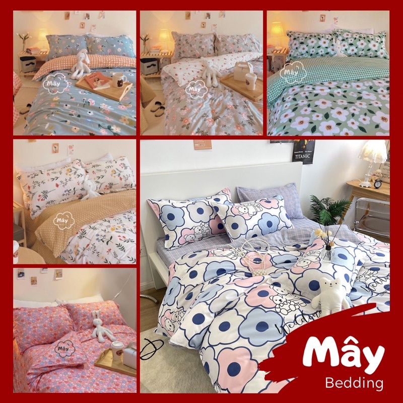 Bộ chăn ga gối Cotton Poly hoạ tiết hoa nhí nền màu xanh xám trắng hồng MÂY BEDDING đủ kích thước nệm