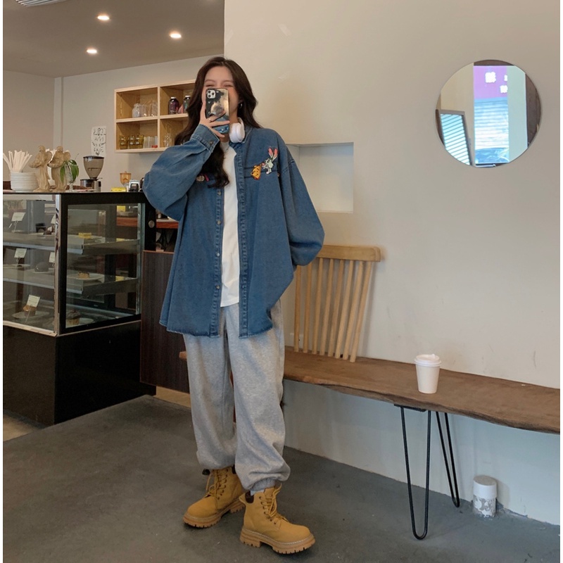 ZHELIHANGFEI Áo Sơ Mi Denim Họa Tiết Thêu Theo Phong Cách Retro Mỹ Dễ Phối Đồ