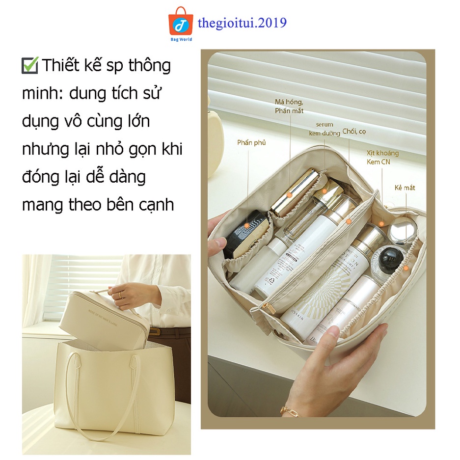 Túi đựng mỹ phẩm bằng da dung tích lớn khóa chéo thời trang nhỏ gọn tiện dụng