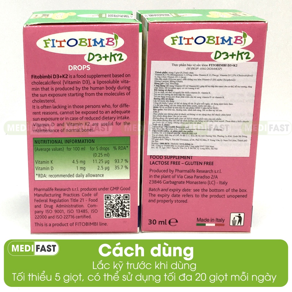 Siro Fitobimbi D3+K2 Tăng cường hấp thụ canxi Bổ Sung Vitamin D3K2 Giúp Hấp Thụ Canxi Vào Xương Răng Chắc Khỏe - Lọ 30ml