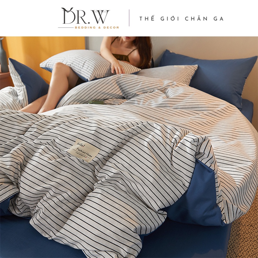 Bộ chăn ga giường gối nệm đệm 4 món cotton tencel mang phong cách hàn quốc DR.W cao cấp bo chun drap - Thế Giới Chăn Ga
