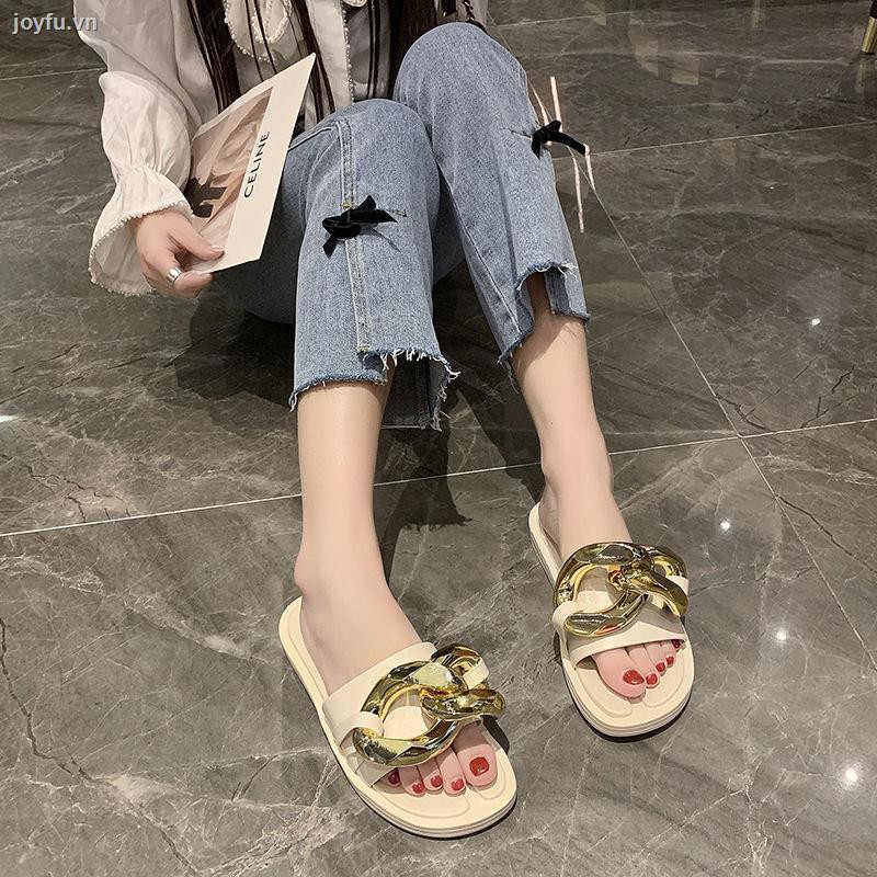 Net celebrity fashion metal chain flat sandals slippers women summer wear new year thick bottom one word