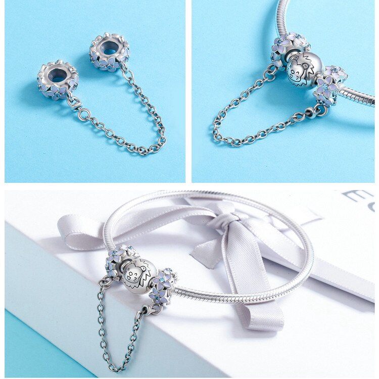 Mặt charm Bamoer hình hoa cúc xinh xắn phối dây mắt xích Bạc 925 trang trí vòng tay