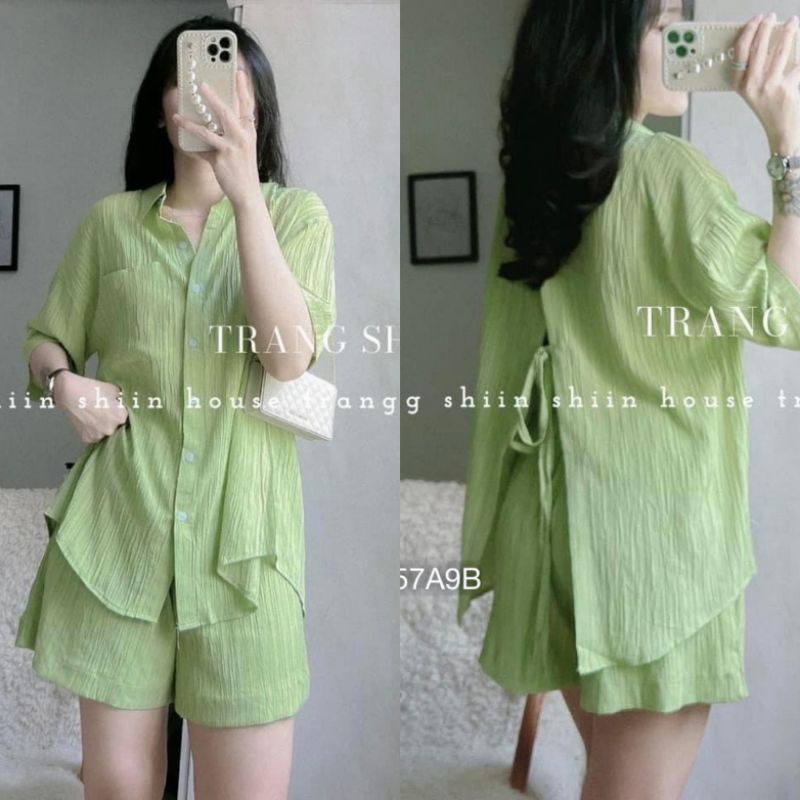 Set Bộ Sơ Mi Thụng Hở Lưng Tay Lỡ Dáng Rộng Đan Dây Phối Quần Đùi Vải Đũi Phong Cách Hàn Màu Xanh Chuối/Trắng Siêu Hot