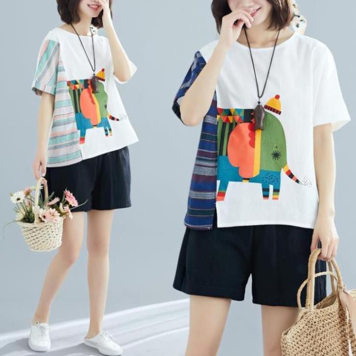 (A011) Áo tshirt nữ bigsize vải thô mát phối thổ cẩm cá tính (fit 90kg) ྇ ་ ་