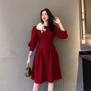 Đầm đỏ thắt nơ eo